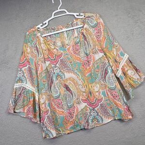 Spense Top Womens XL Bell Sleeve Crochet Ruffle Paisley Boho Gypsy Peasant Indie